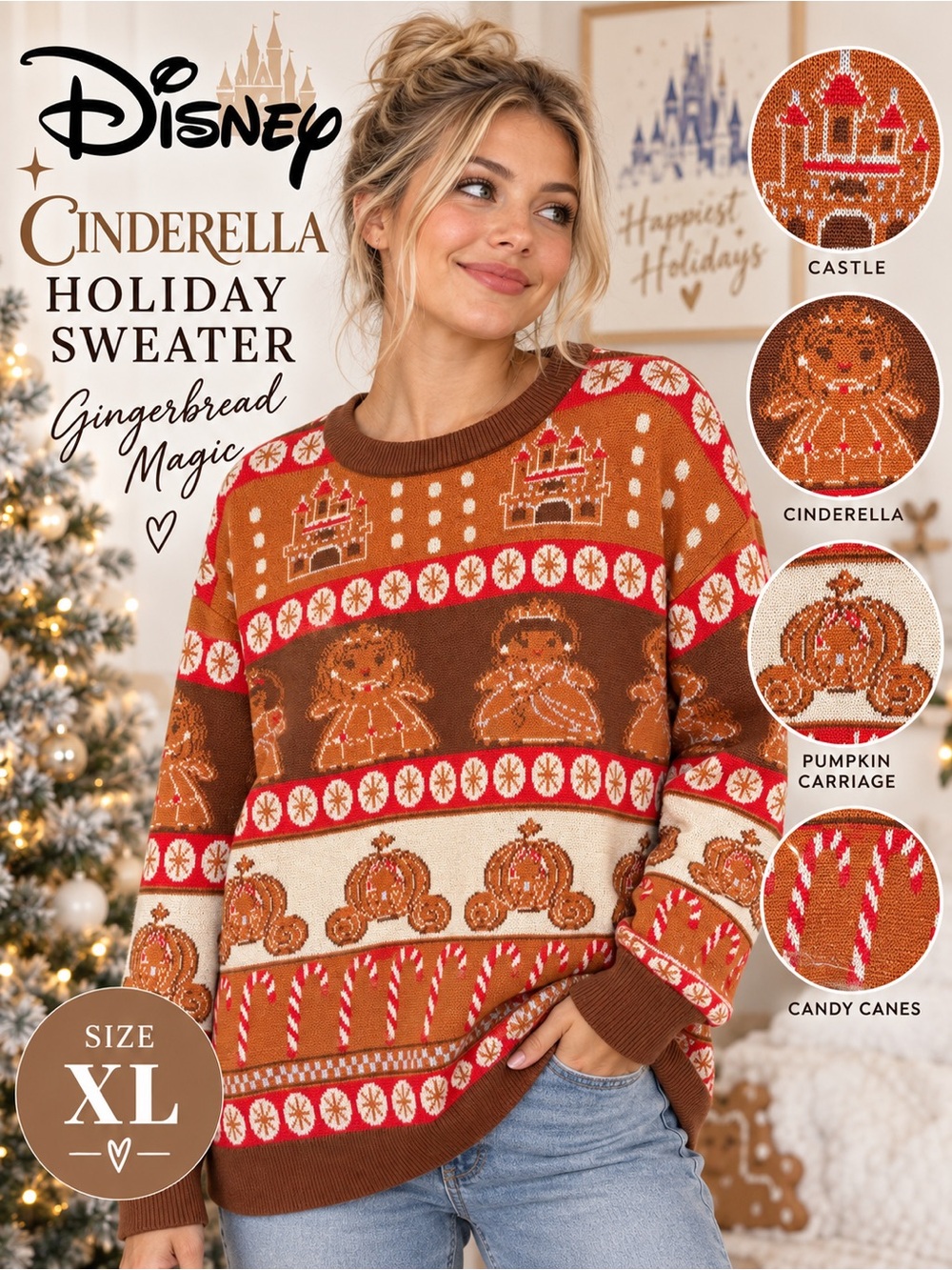 Disney Parks Cinderella Gingerbread Christmas Ugly Holiday Sweater XL